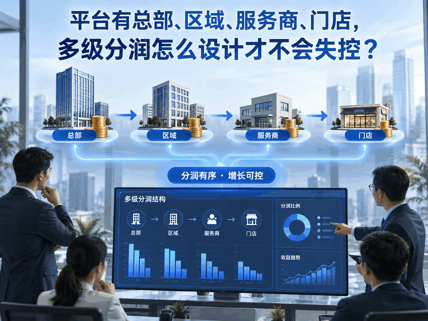 平台有总部、区域、服务商、门店，多级分润怎么设计才不会失控？