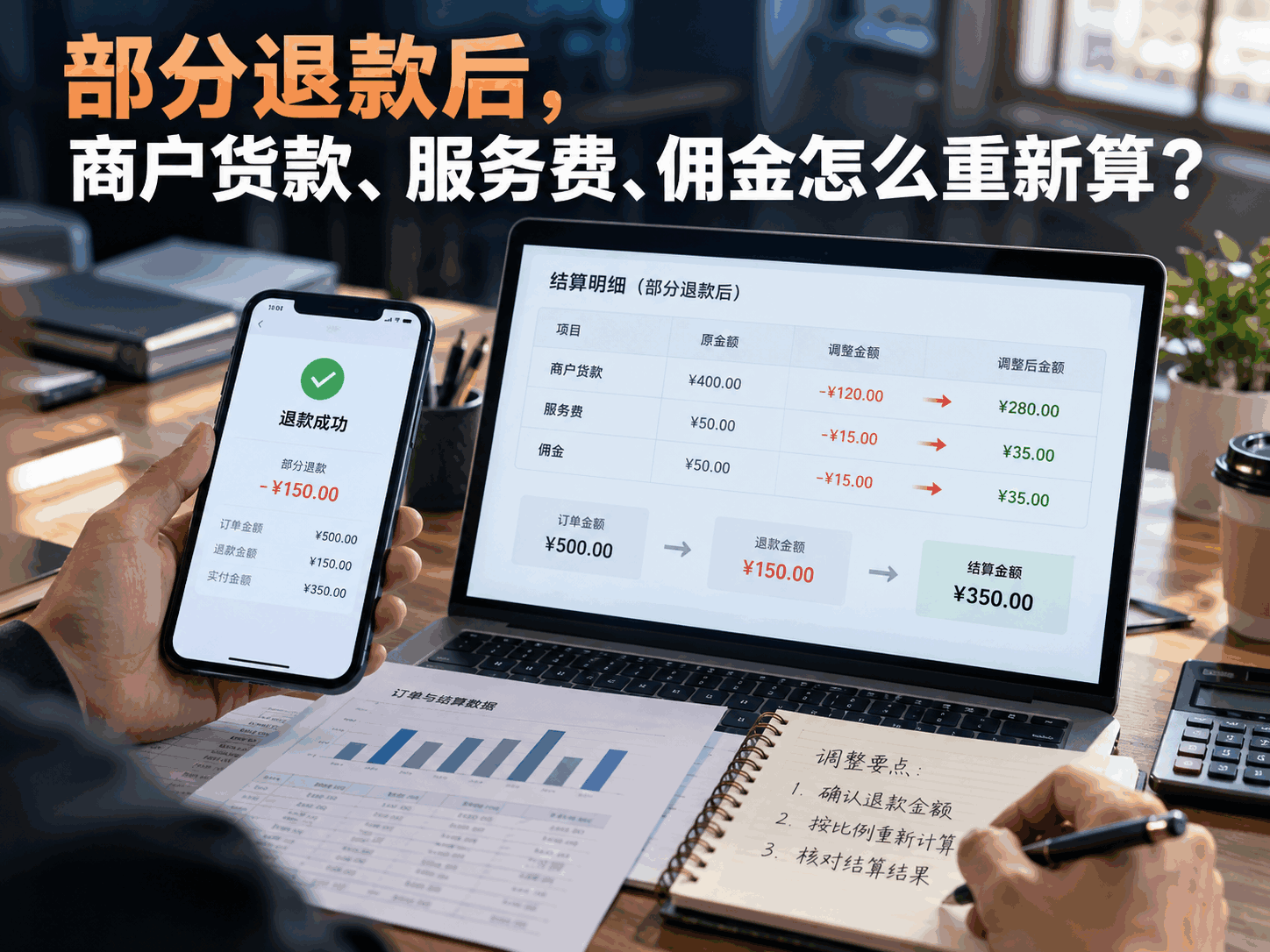 部分退款后,商户货款、服务费、佣金怎么重新算?